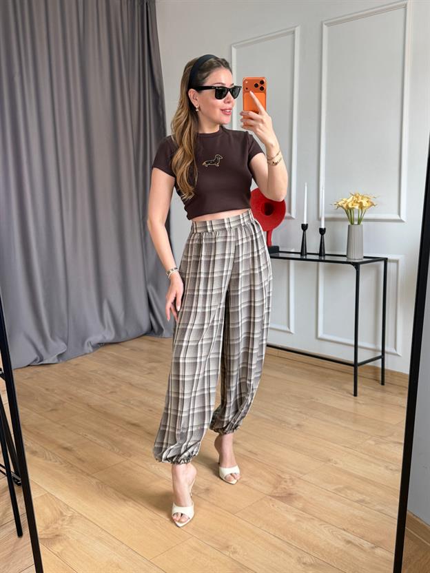 Kahve Ekoseli Şalvar Pantolon