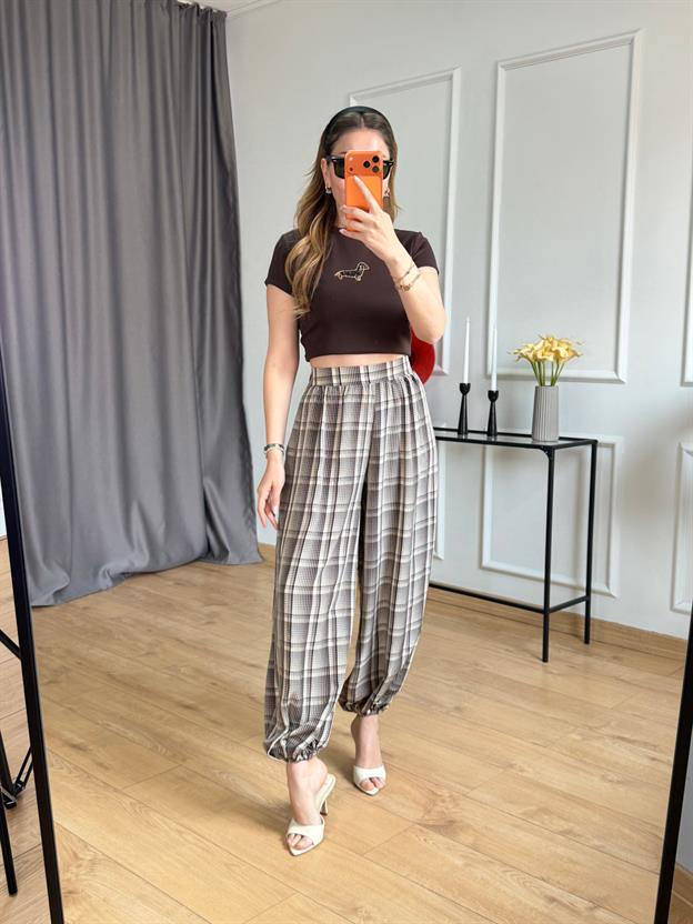 Kahve Ekoseli Şalvar Pantolon