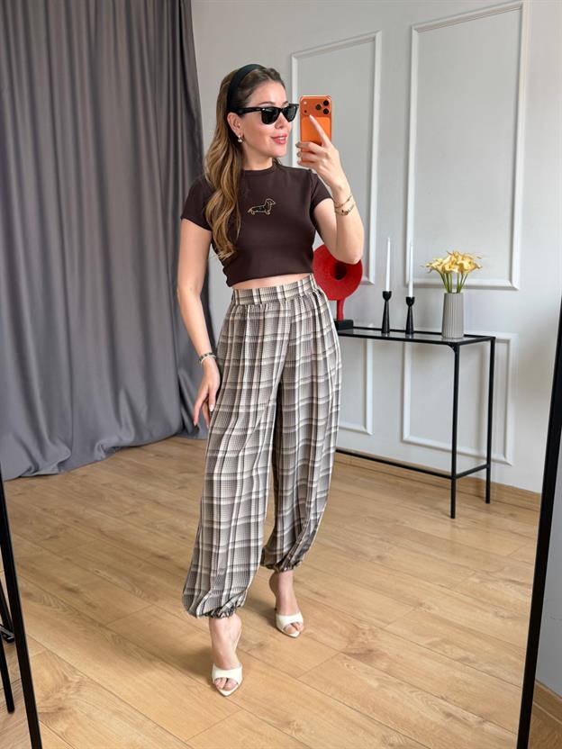 Kahve Ekoseli Şalvar Pantolon