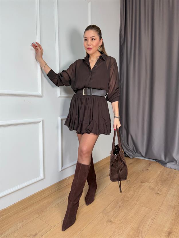 Kahve Etek Ucu Volanlı Kemerli Elbise