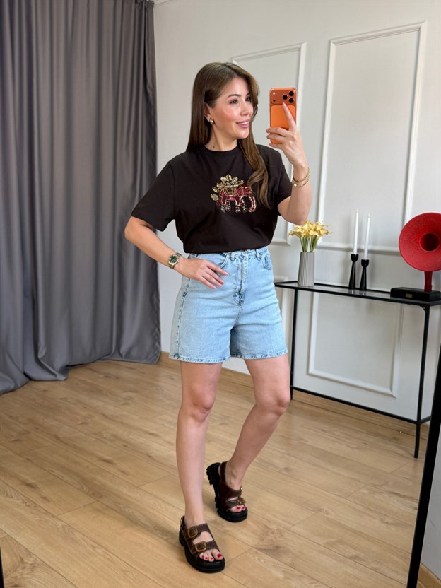 Kahve Fil Detaylı Tshirt