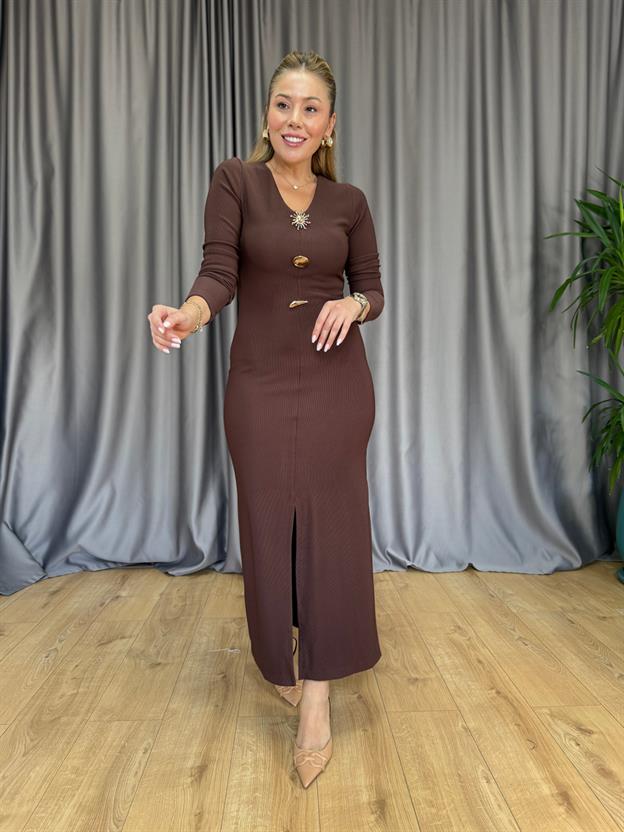 Kahve Gold Aksesuarlı Uzun Kol Elbise