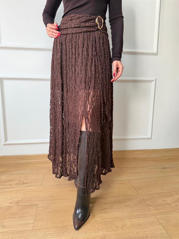 Kahve Gold Tokalı Dantel Etek