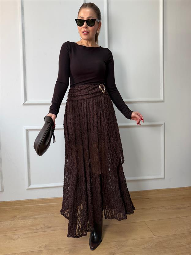 Kahve Gold Tokalı Dantel Etek