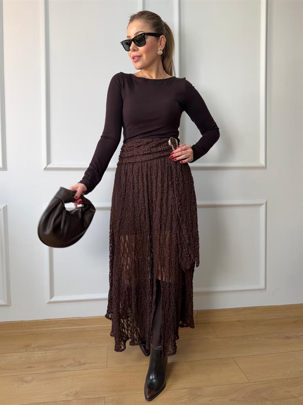 Kahve Gold Tokalı Dantel Etek