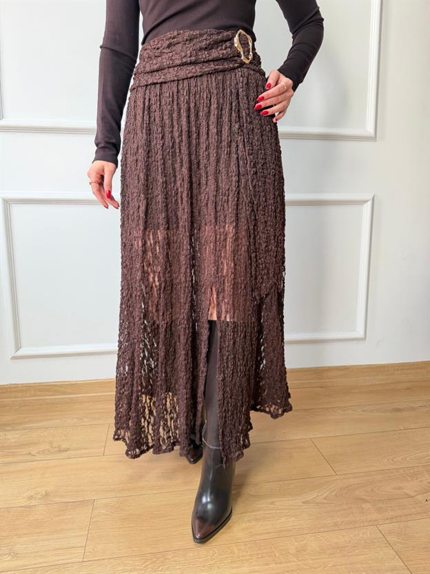 Kahve Gold Tokalı Dantel Etek