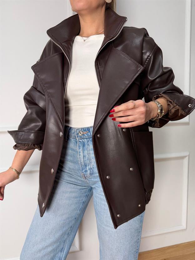 Kahve Gümüş Düğmeli Deri Ceket