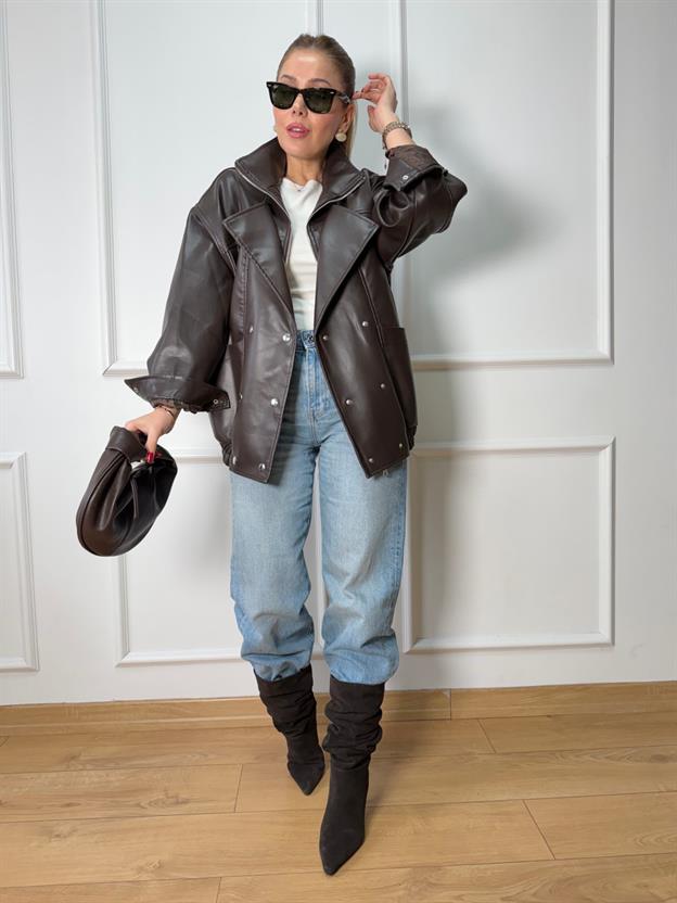 Kahve Gümüş Düğmeli Deri Ceket