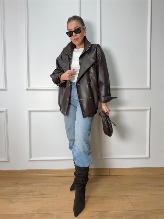 Kahve Gümüş Düğmeli Deri Ceket