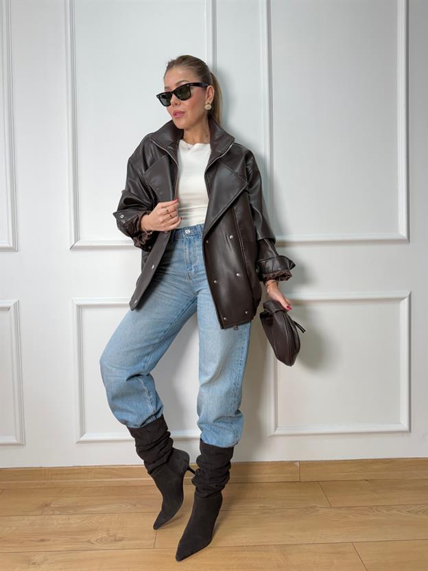 Kahve Gümüş Düğmeli Deri Ceket