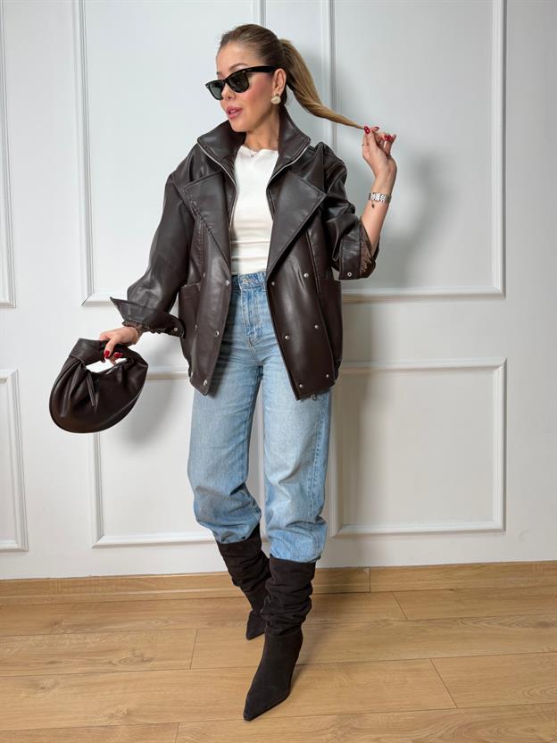 Kahve Gümüş Düğmeli Deri Ceket