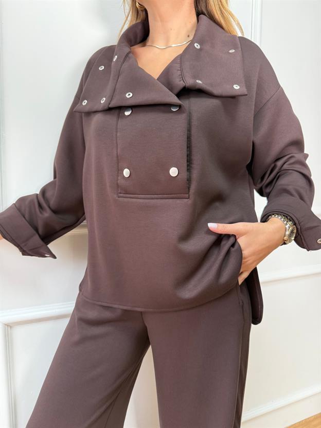 Kahve Gümüş Düğmeli Modal Takım