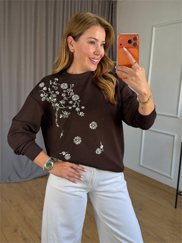 Kahve Gümüş Taşlı Sweatshirt