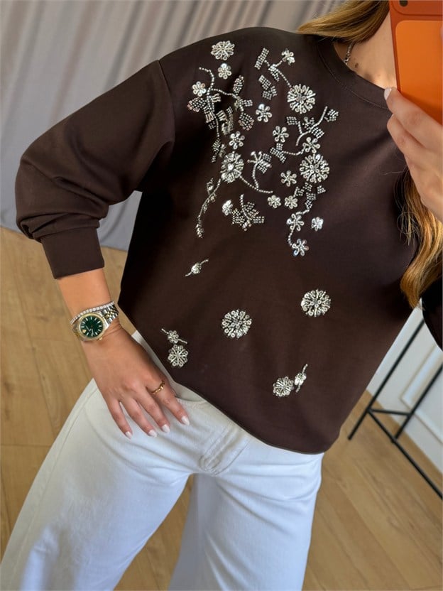 Kahve Gümüş Taşlı Sweatshirt