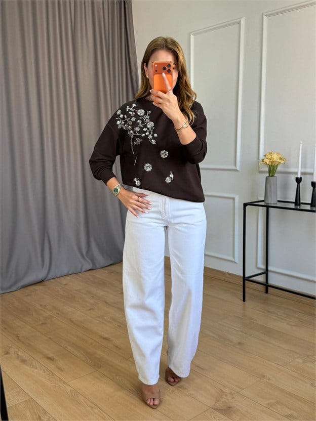 Kahve Gümüş Taşlı Sweatshirt