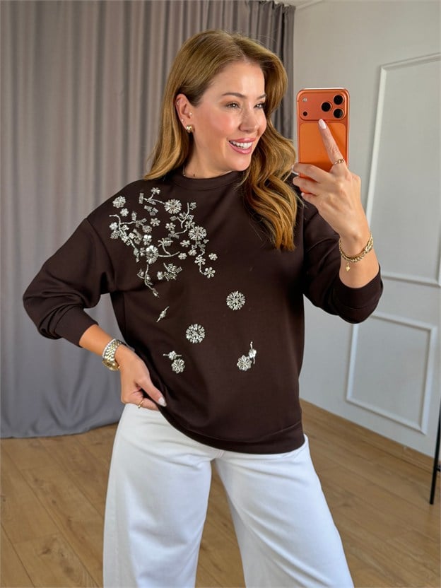 Kahve Gümüş Taşlı Sweatshirt