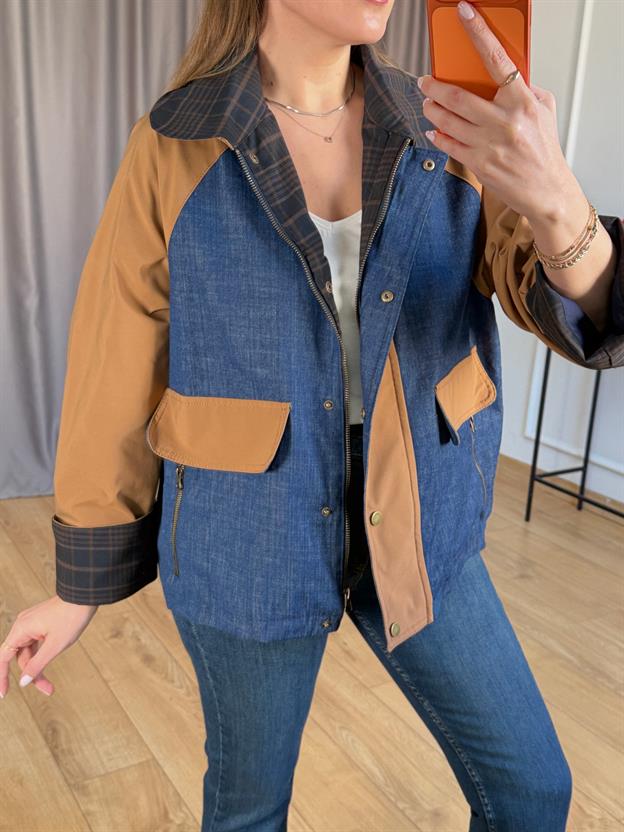 Kahve İçi Ekoseli Jean Detay Ceket
