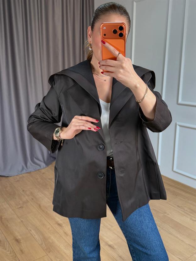 Kahve Kapüşonlu Blazer Ceket