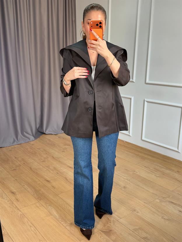 Kahve Kapüşonlu Blazer Ceket