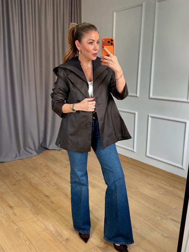 Kahve Kapüşonlu Blazer Ceket