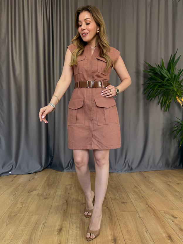 Kiremit Kemerli Keten Elbise