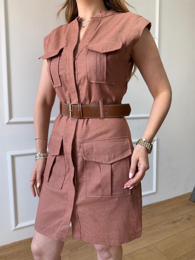 Kiremit Kemerli Keten Elbise