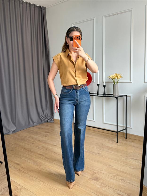 Kahve Kemerli Mavi Ütülü İspanyol Jean