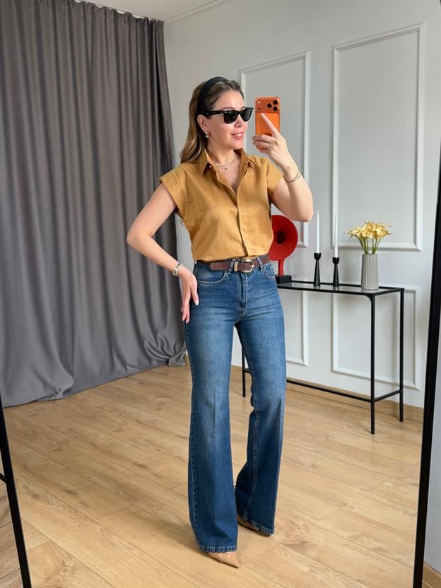 Kahve Kemerli Mavi Ütülü İspanyol Jean