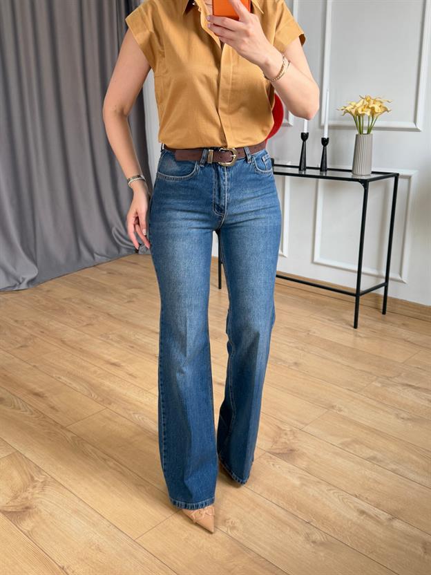 Kahve Kemerli Mavi Ütülü İspanyol Jean