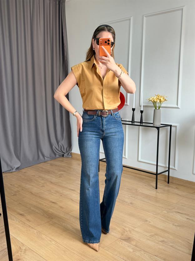 Kahve Kemerli Mavi Ütülü İspanyol Jean