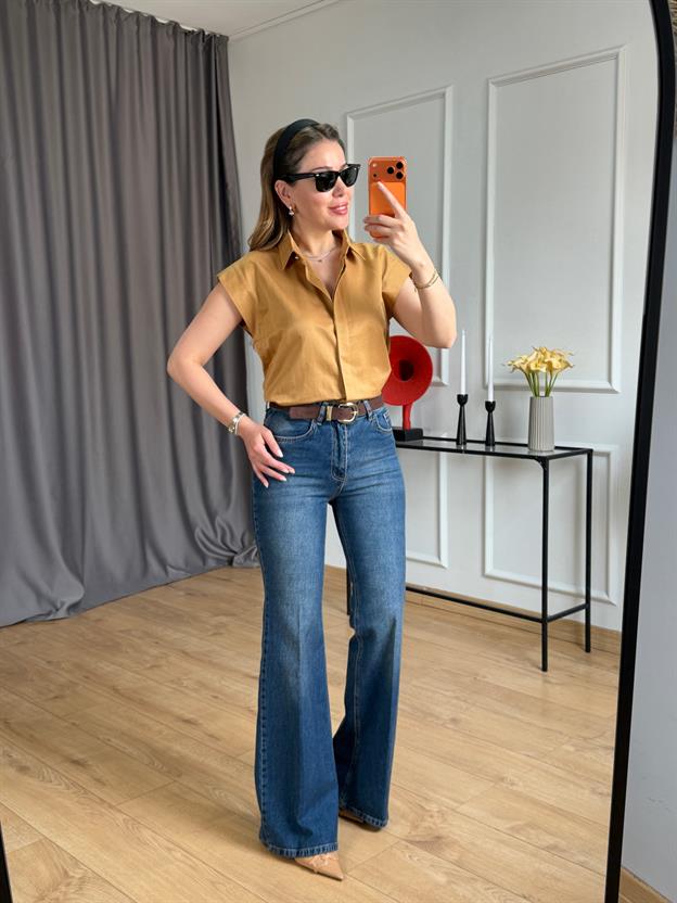 Kahve Kemerli Mavi Ütülü İspanyol Jean