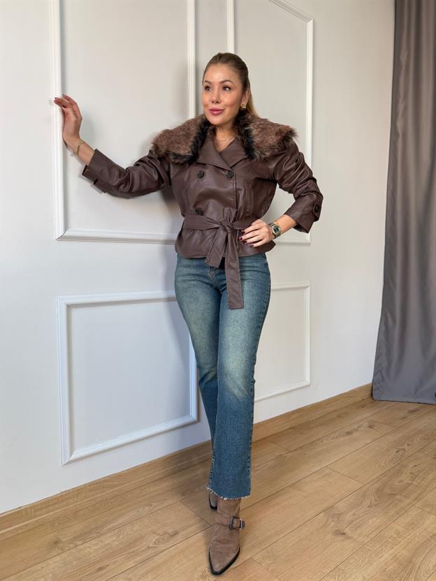 Kahve Kürk Yakalı Deri Ceket