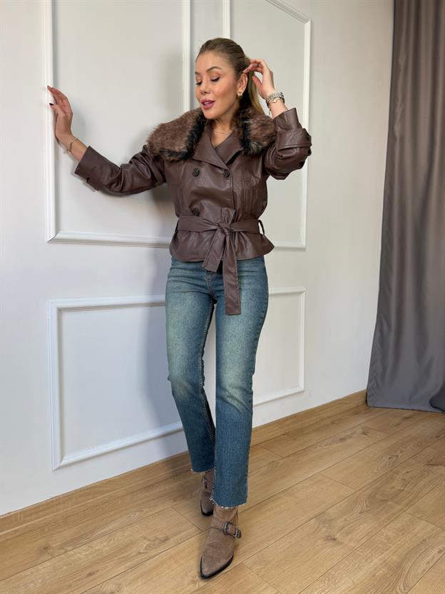Kahve Kürk Yakalı Deri Ceket