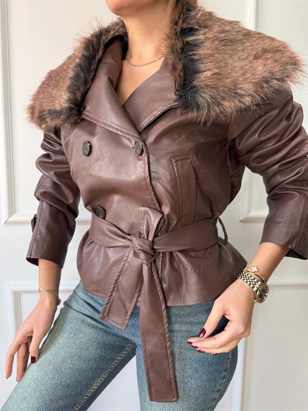 Kahve Kürk Yakalı Deri Ceket