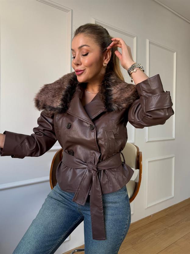 Kahve Kürk Yakalı Deri Ceket