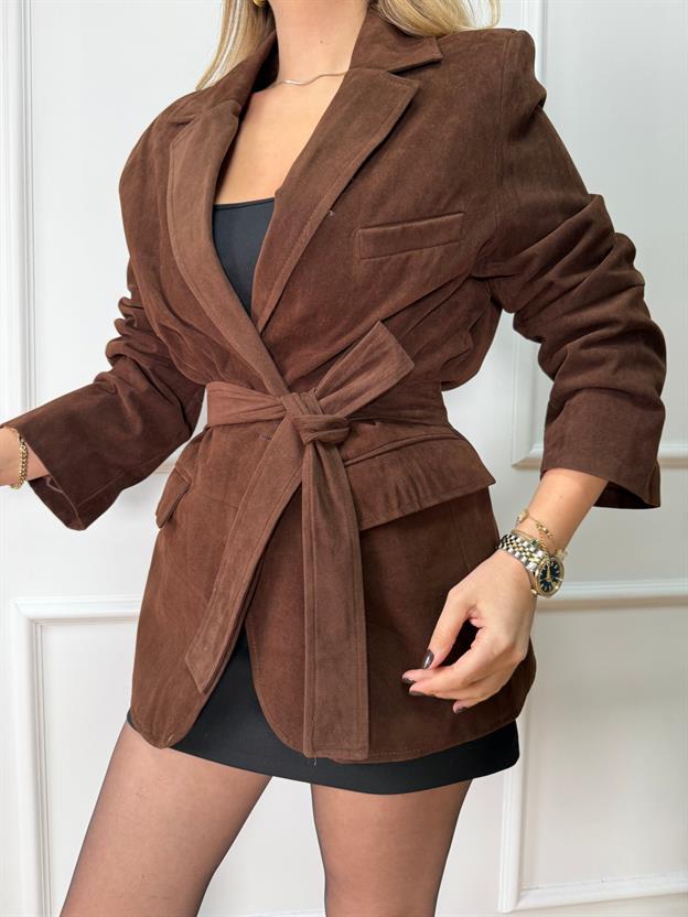 Kahve Kuşaklı Blazer Ceket