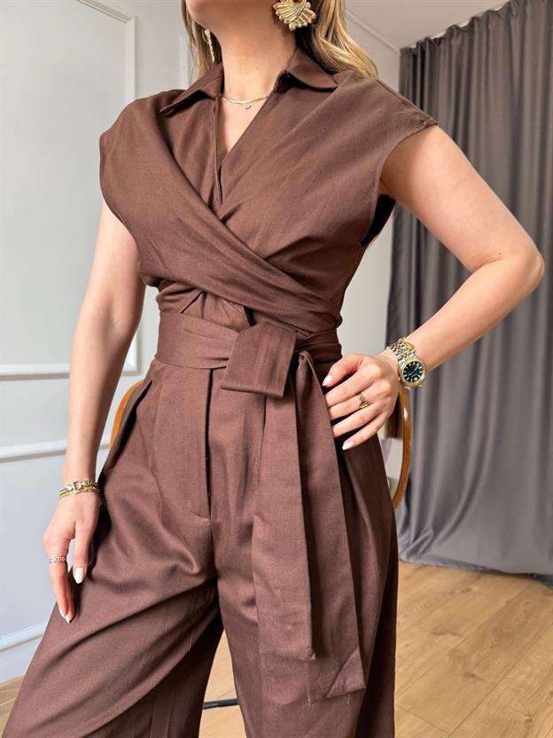 Kahve Kuşaklı V Yaka Tulum 