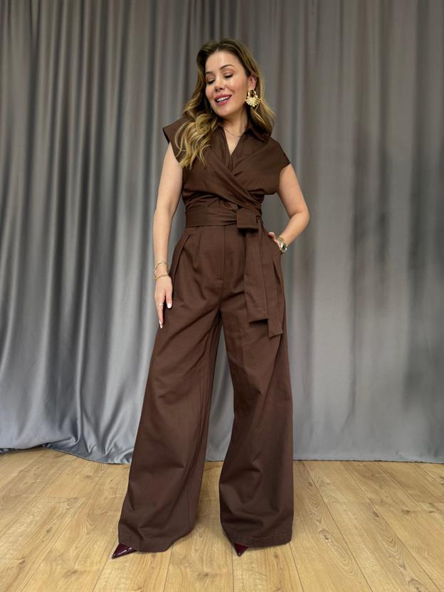 Kahve Kuşaklı V Yaka Tulum 