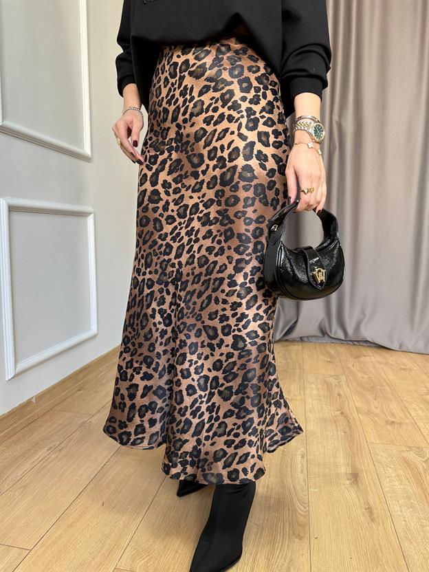Kahve Leopar Saten Etek