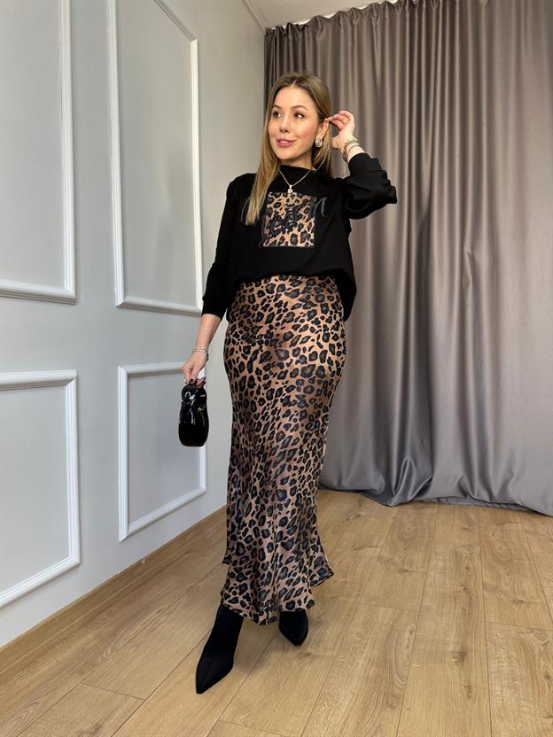 Kahve Leopar Saten Etek