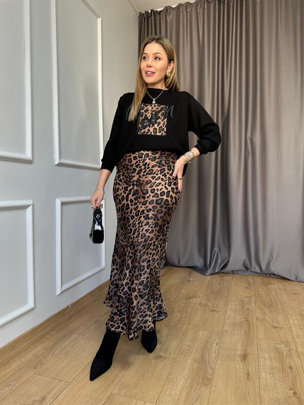 Kahve Leopar Saten Etek