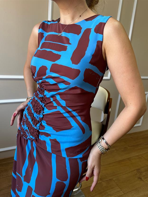 Kahve Mavi Desenli Elbise