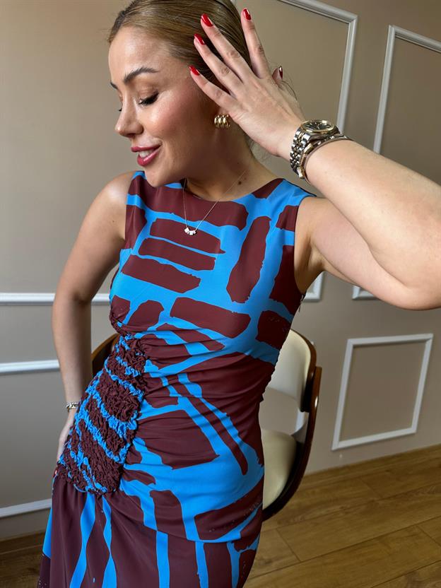 Kahve Mavi Desenli Elbise