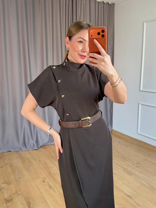 Kahve Mini Dik Yakalı Düğme Detay Elbise