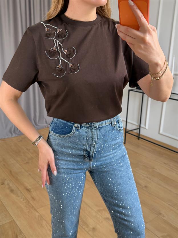 Kahve Omuz Püskül Detaylı Tshirt