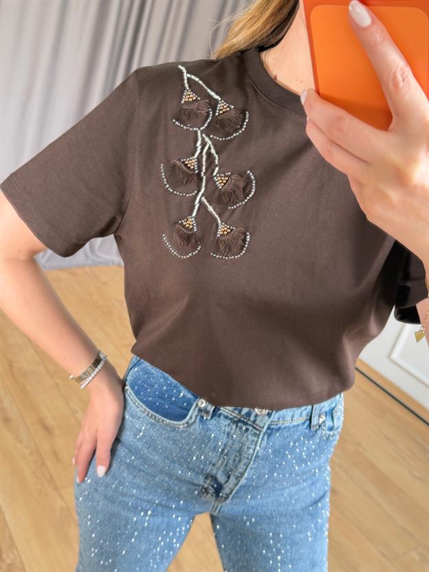 Kahve Omuz Püskül Detaylı Tshirt