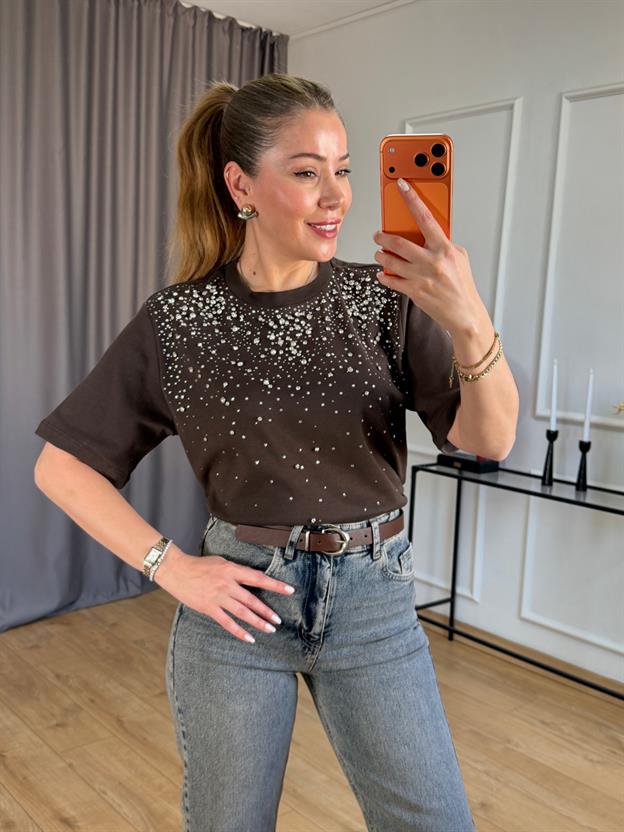 Kahve Ön Taşlı Tshirt 