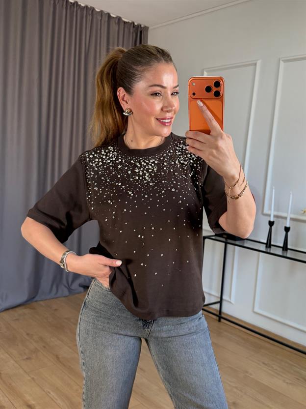 Kahve Ön Taşlı Tshirt 