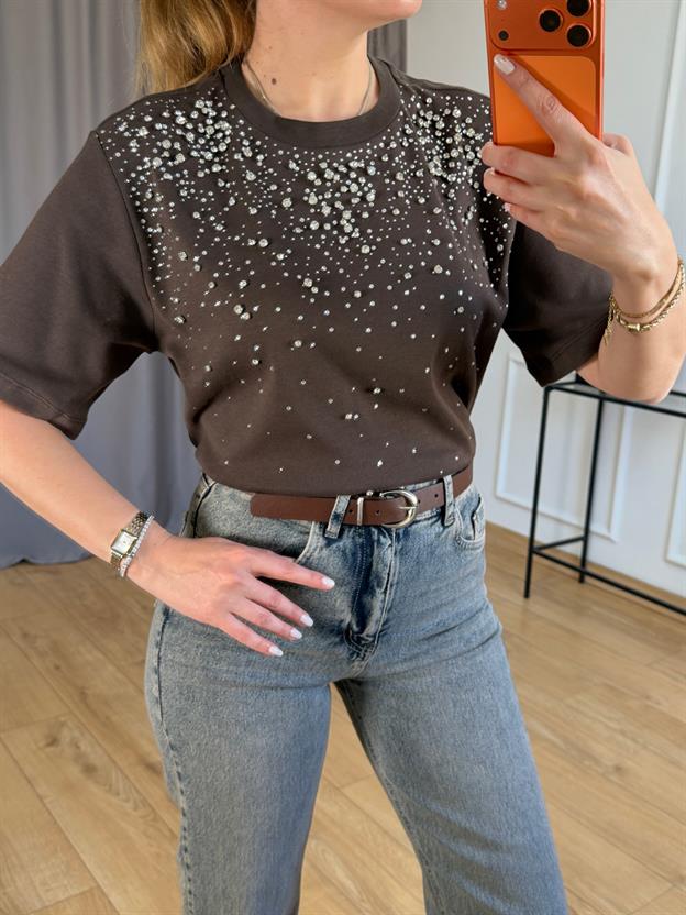 Kahve Ön Taşlı Tshirt 