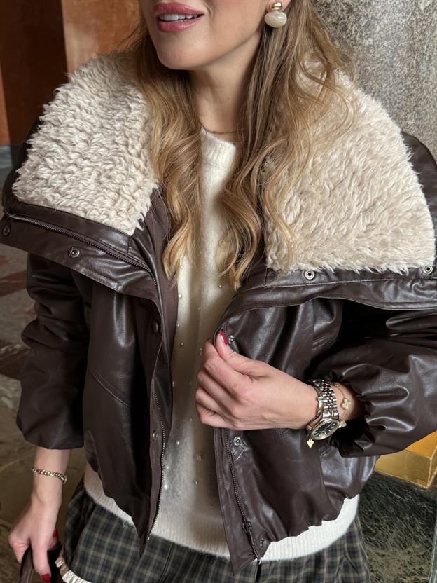 Kahve Peluş Yakalı Mont